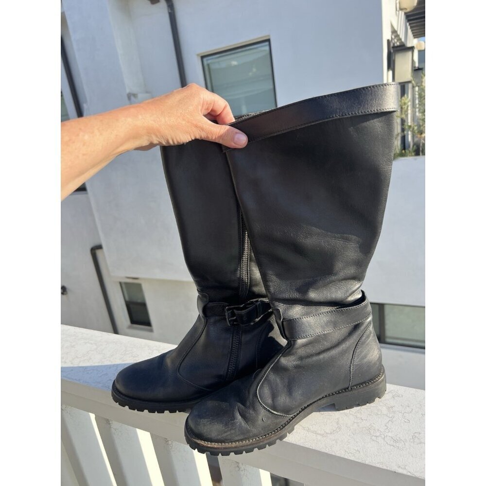 BURBERRY black leather biker moto tall lug sole boots biker designer 39.5 - Picture 3 of 16